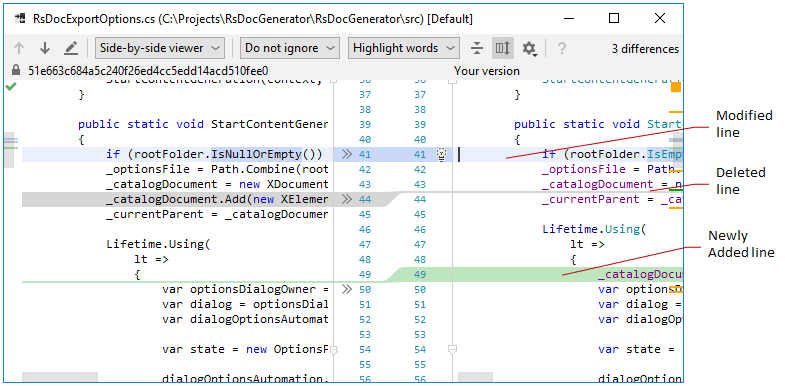 Comparing files in JetBrains&nbsp;Rider diff viewer
