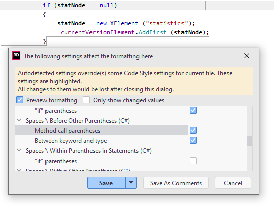 Configuring formatting rules for selected code Configuring formatting rules for selected code