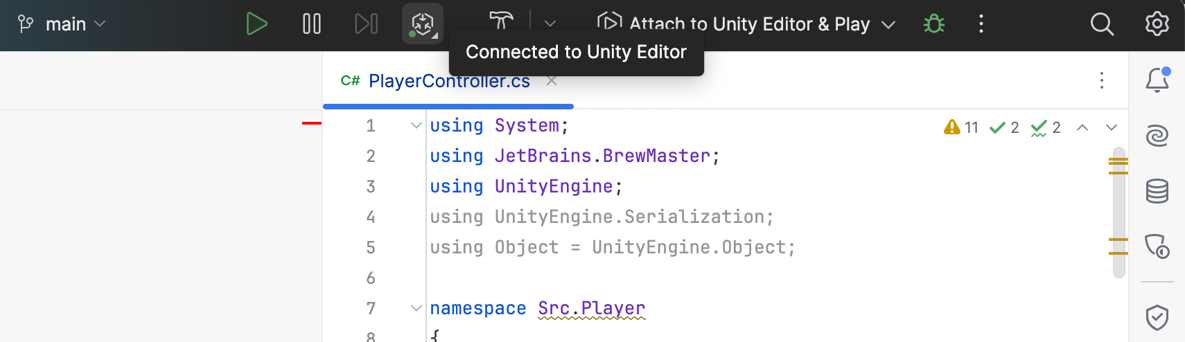 JetBrains&nbsp;Rider: Connected to Unity editor