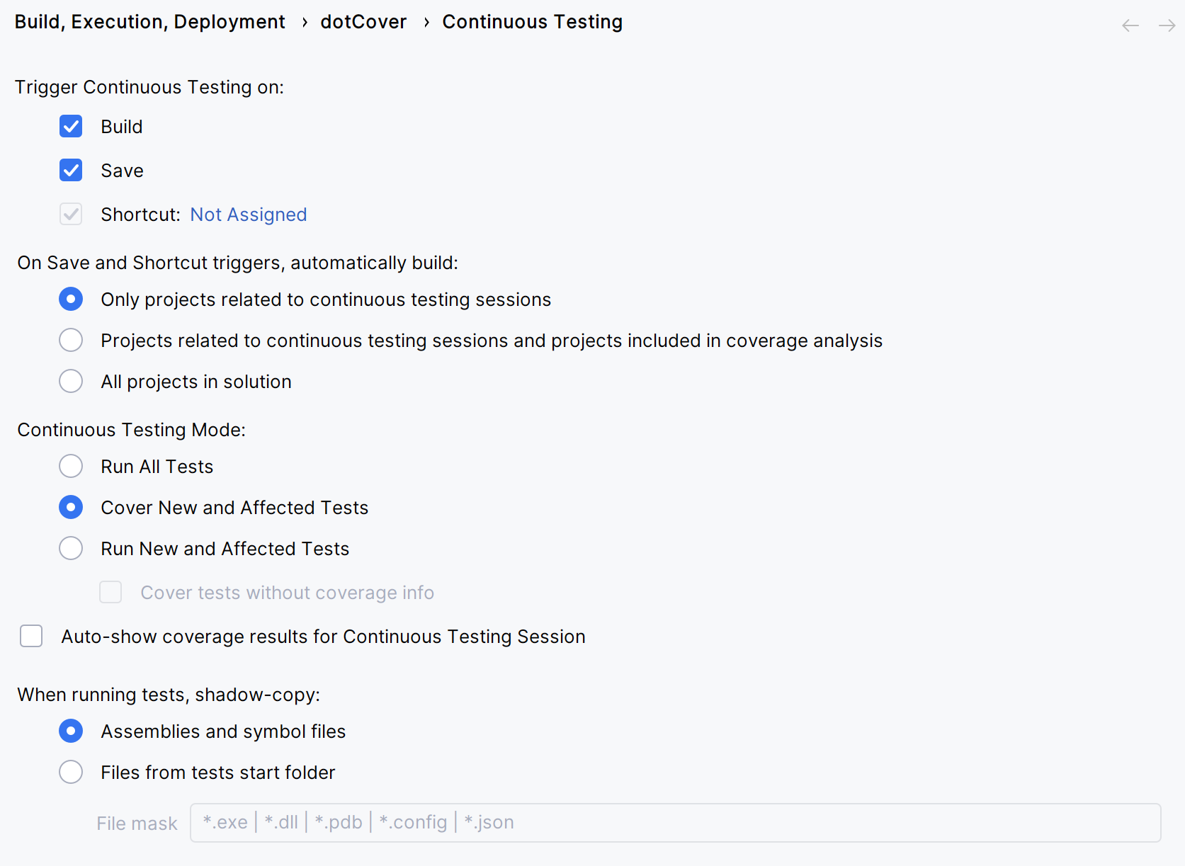 JetBrains&nbsp;Rider: Continuous Testing settings