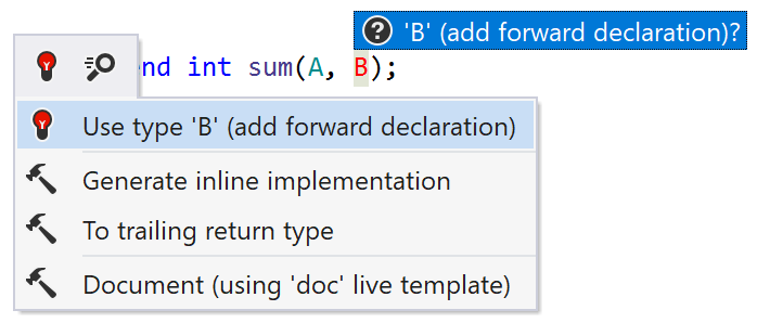 JetBrains&nbsp;Rider: Add forward declaration quick-fix