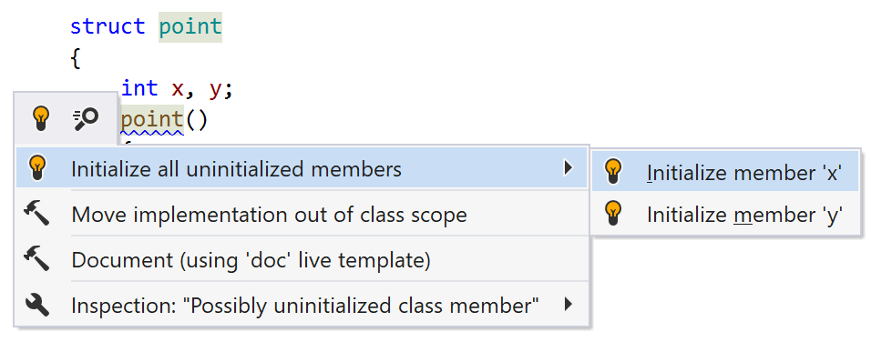 JetBrains&nbsp;Rider C++: quick-fix to initialize members