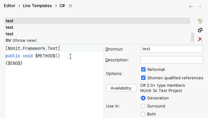 JetBrains&nbsp;Rider: Live templates for unit test methods