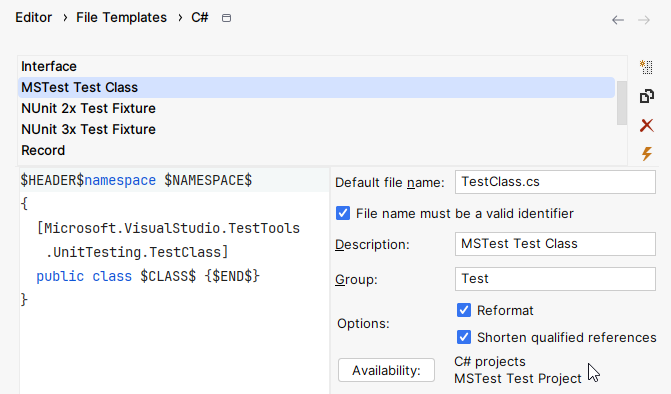 JetBrains&nbsp;Rider: File template for test classes
