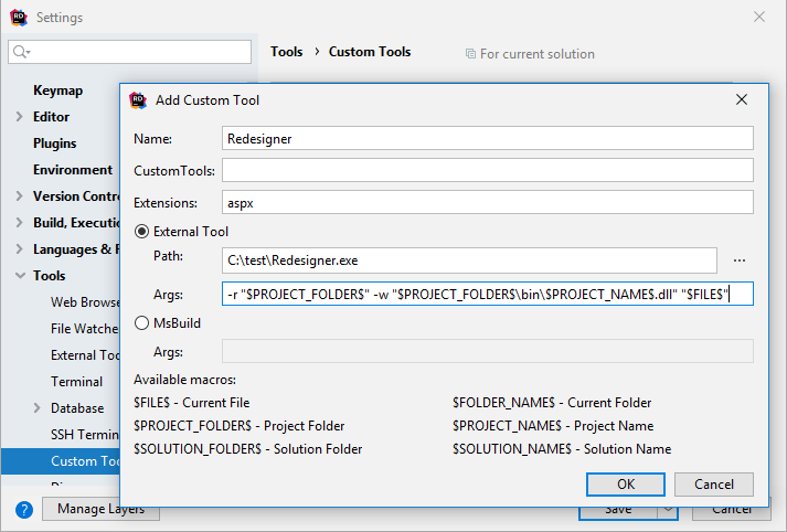 JetBrains&nbsp;Rider: Adding custom a tool that automatically processes specific files