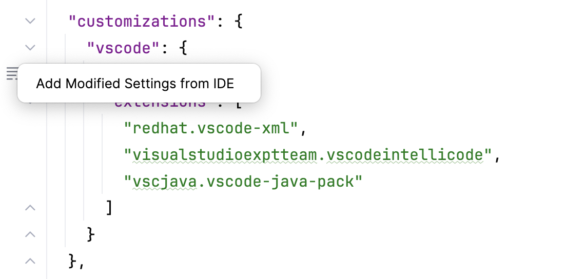JSON file customizations section