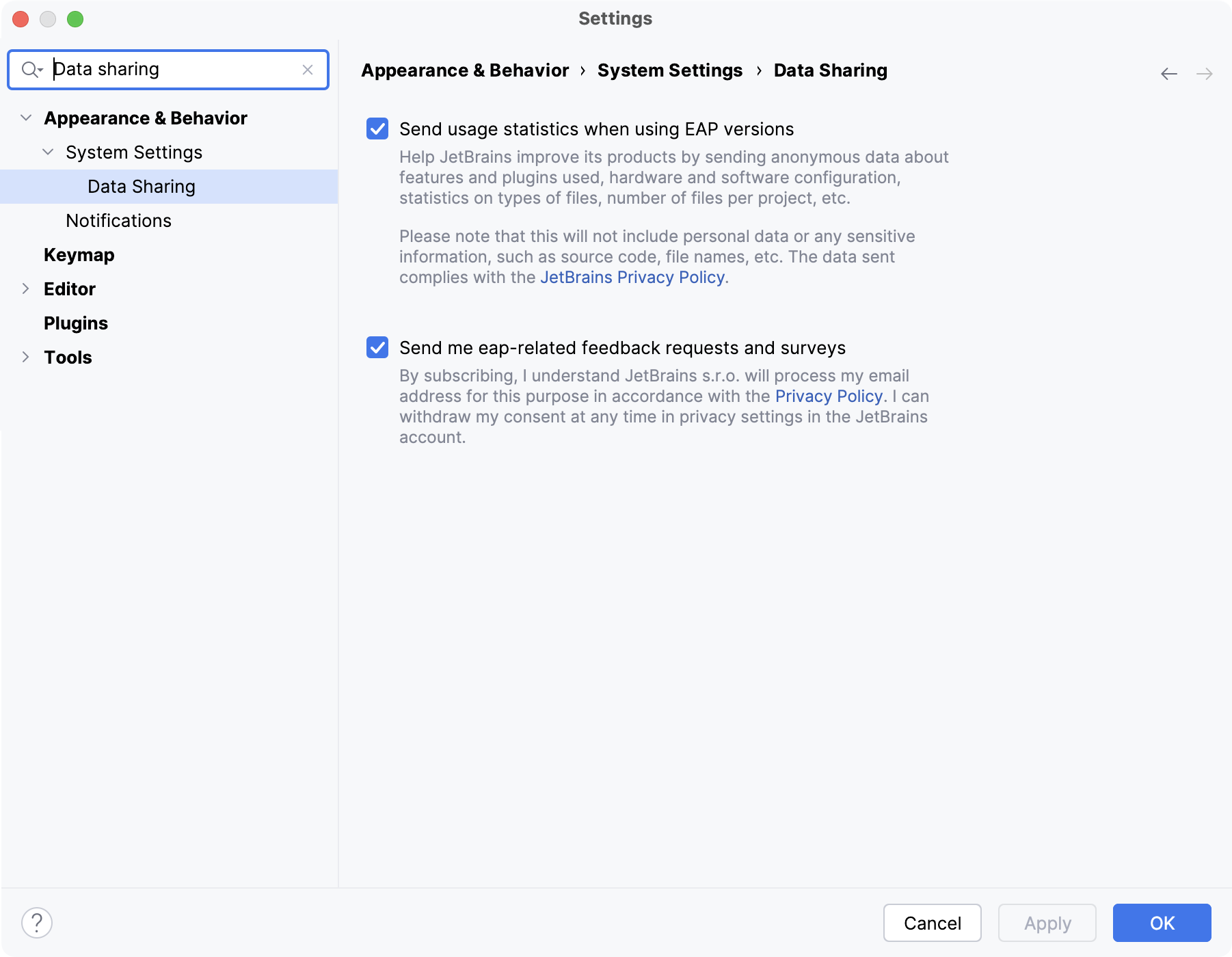 Data Sharing dialog in the EAP version Data Sharing dialog in the EAP version