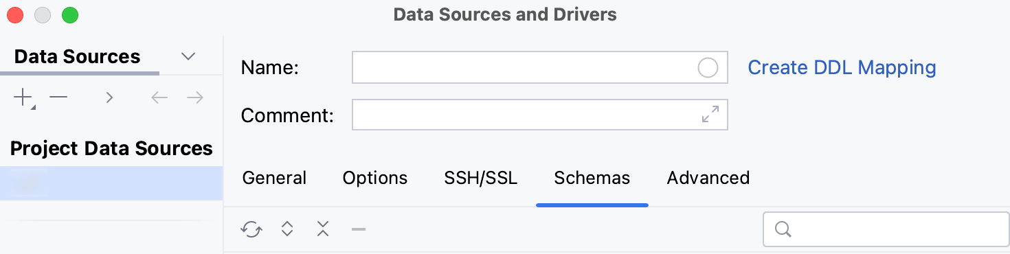 Schemas tab of the Data Sources and Drivers dialog Schemas tab of the Data Sources and Drivers dialog