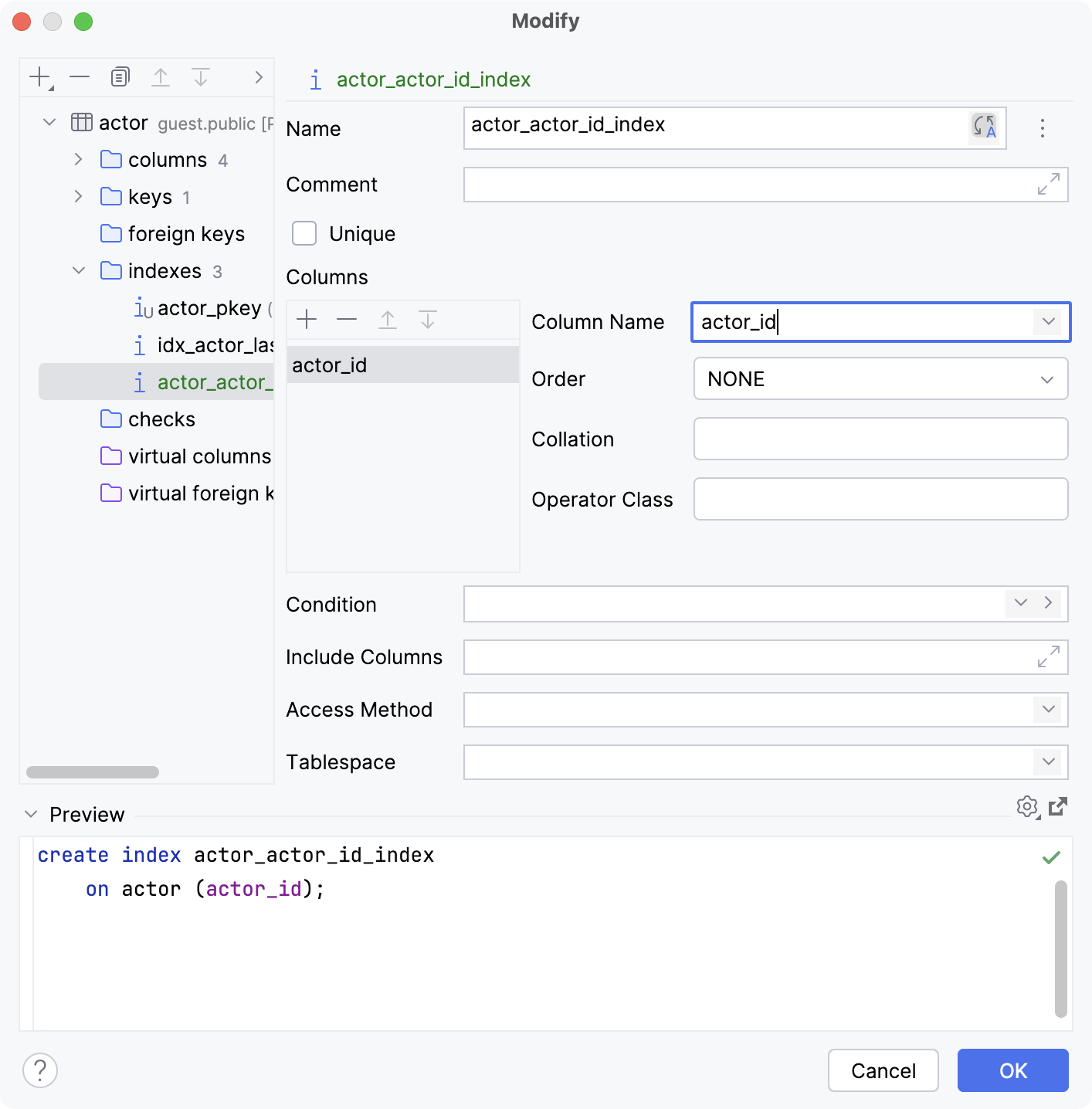 Create an index Create an index