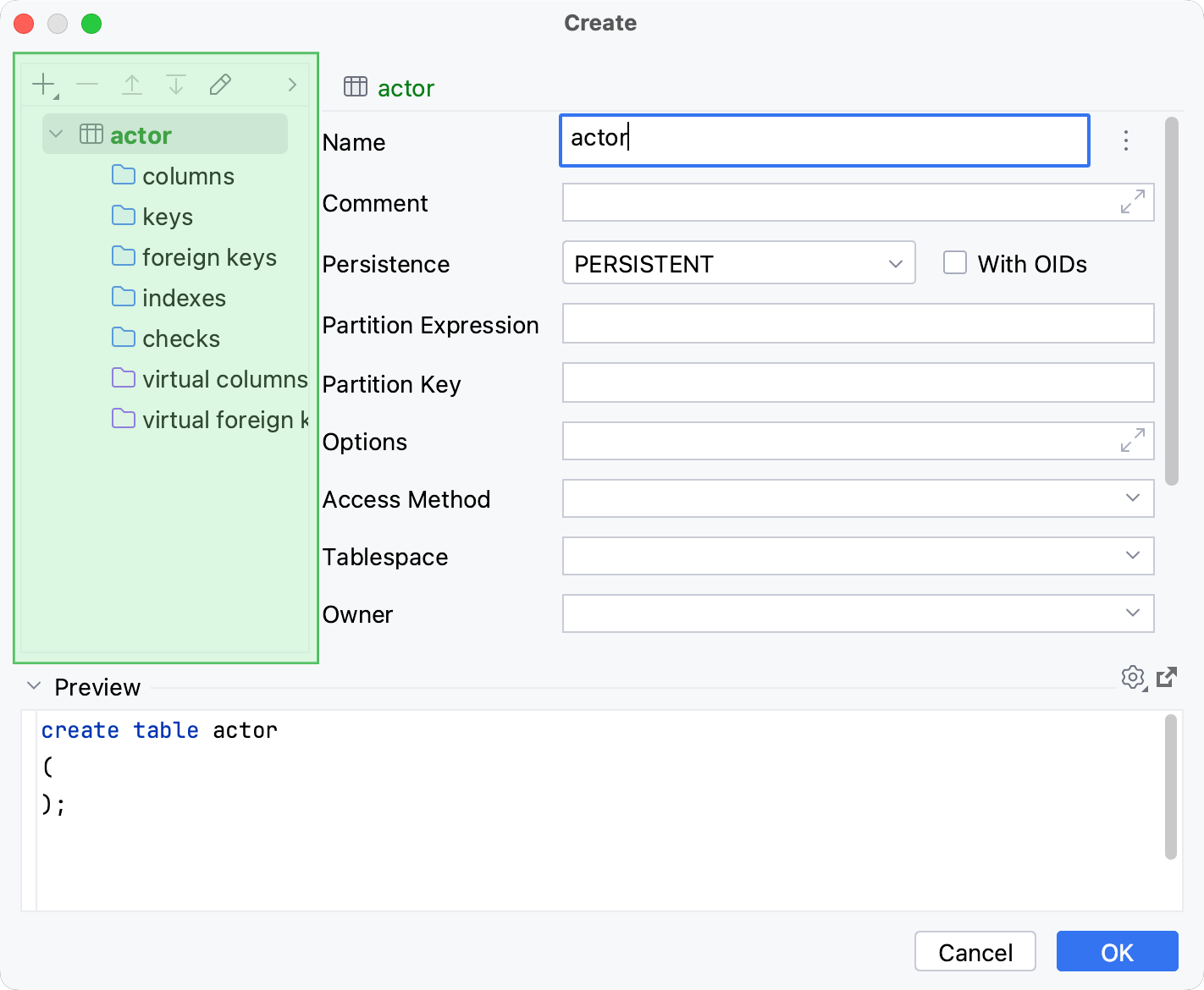 Table structure editor in Create and Modify dialogs Table structure editor in Create and Modify dialogs