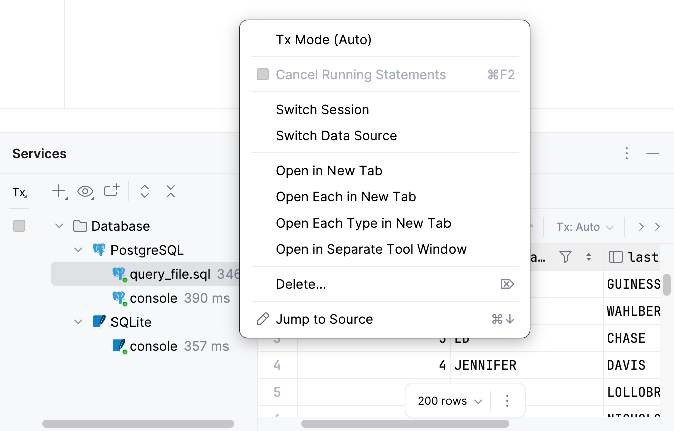 Database sessions context menu Database sessions context menu