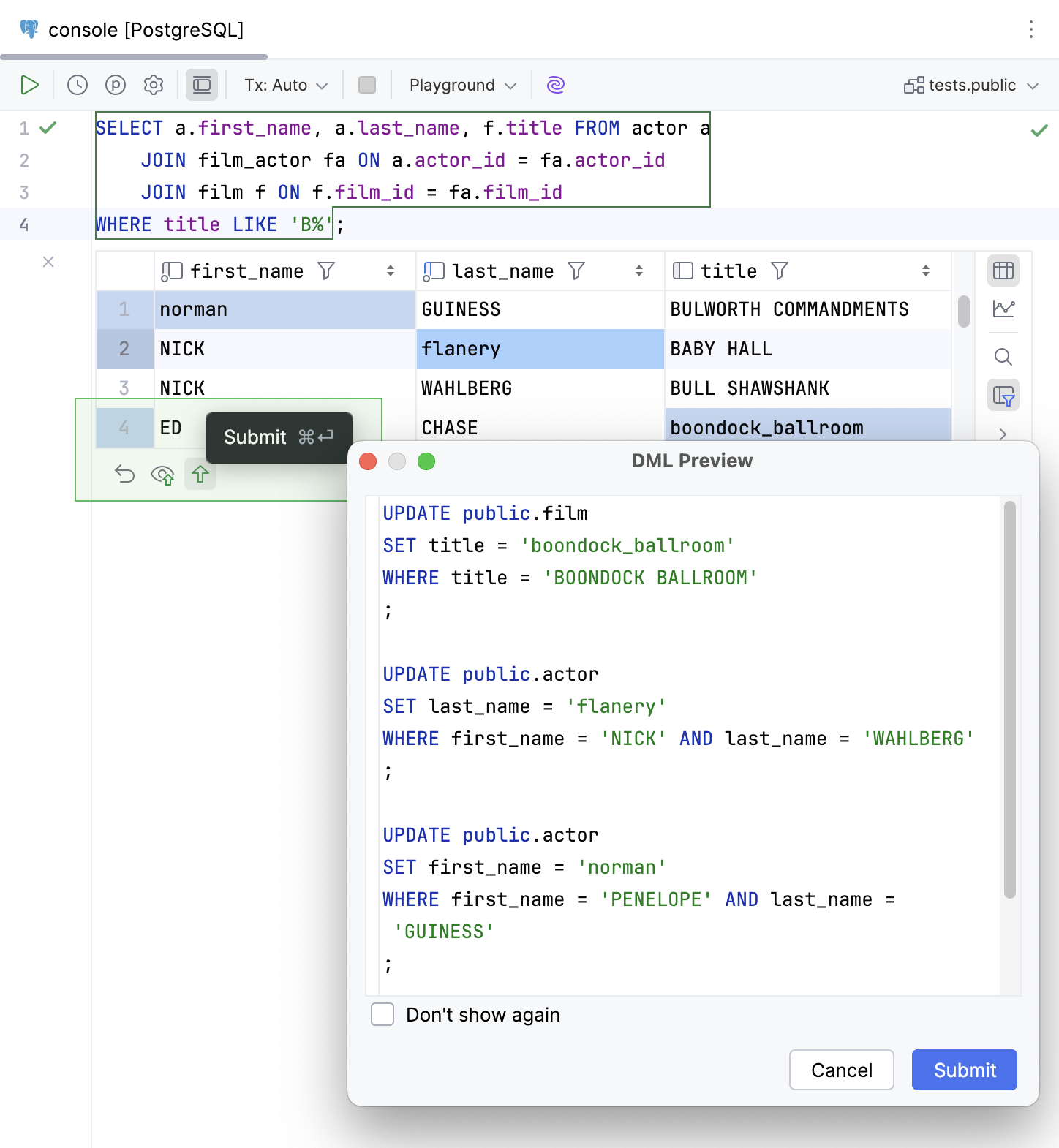 DML Preview dialog with the generated statements DML Preview dialog with the generated statements