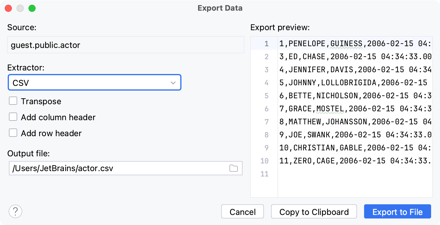 the Export Data dialog the Export Data dialog