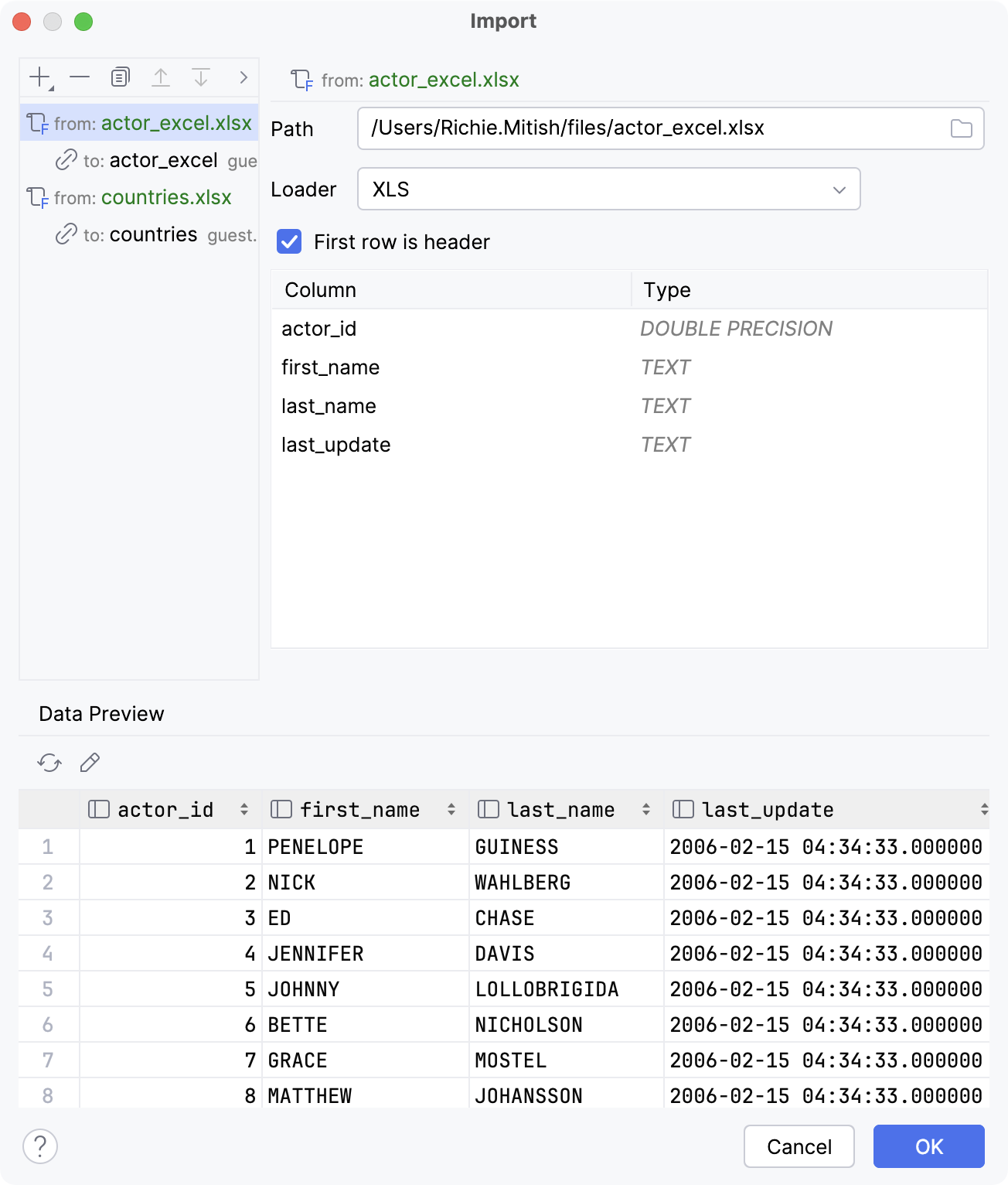 Import tabular data file: Tabular data Source settings Import tabular data file: Tabular data Source settings