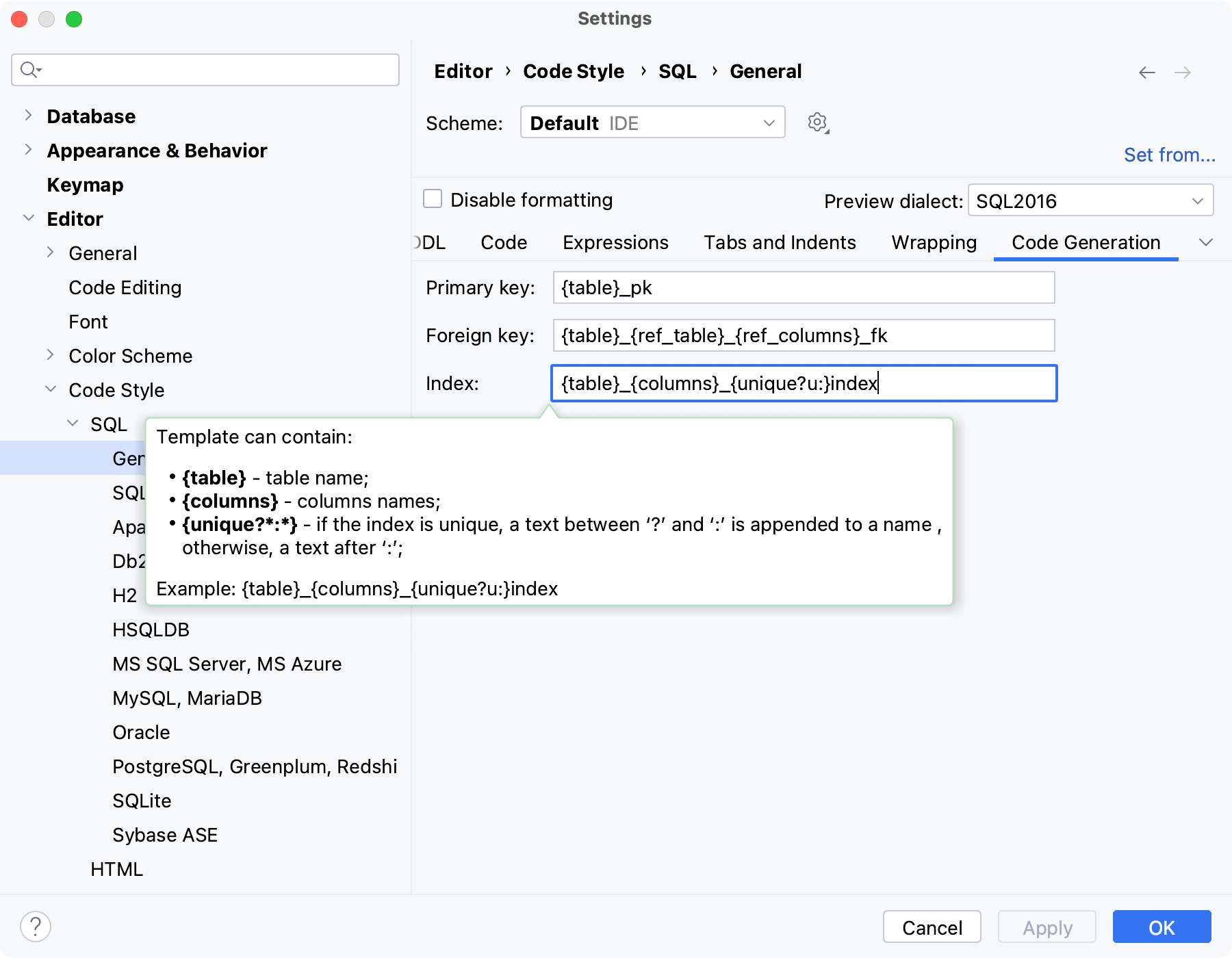 Modify templates for generated index and key names Modify templates for generated index and key names