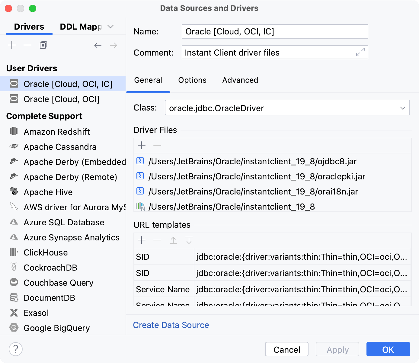 Driver files provided with the Instant CLient Driver files provided with the Instant CLient