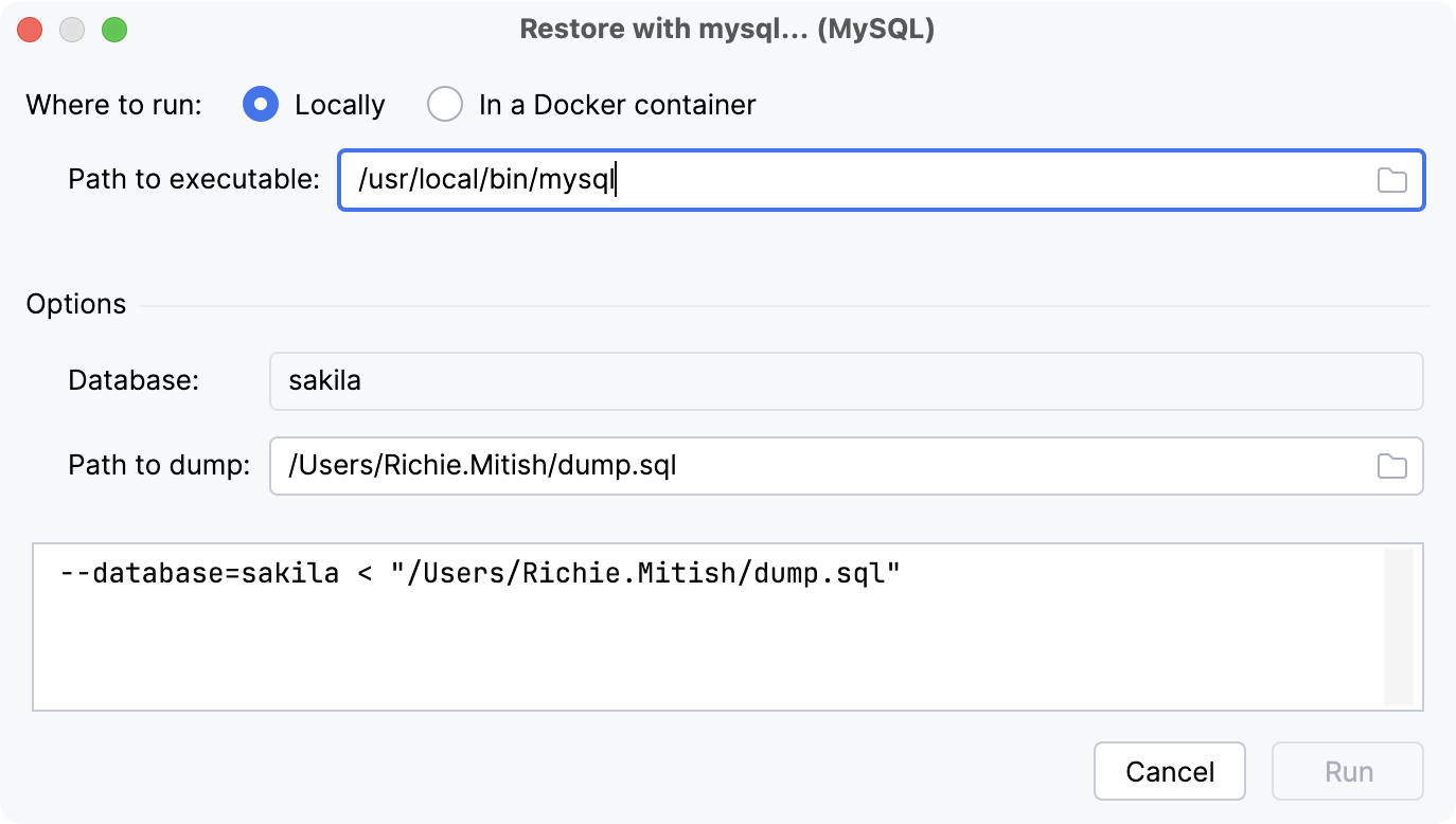 the Restore with mysql dialog the Restore with mysql dialog
