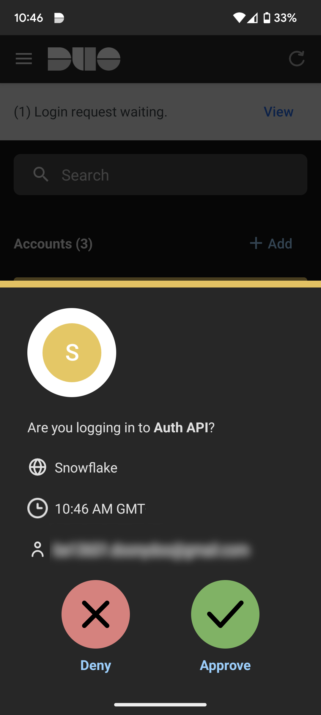 Login approval request in Duo Mobile application Login approval request in Duo Mobile application