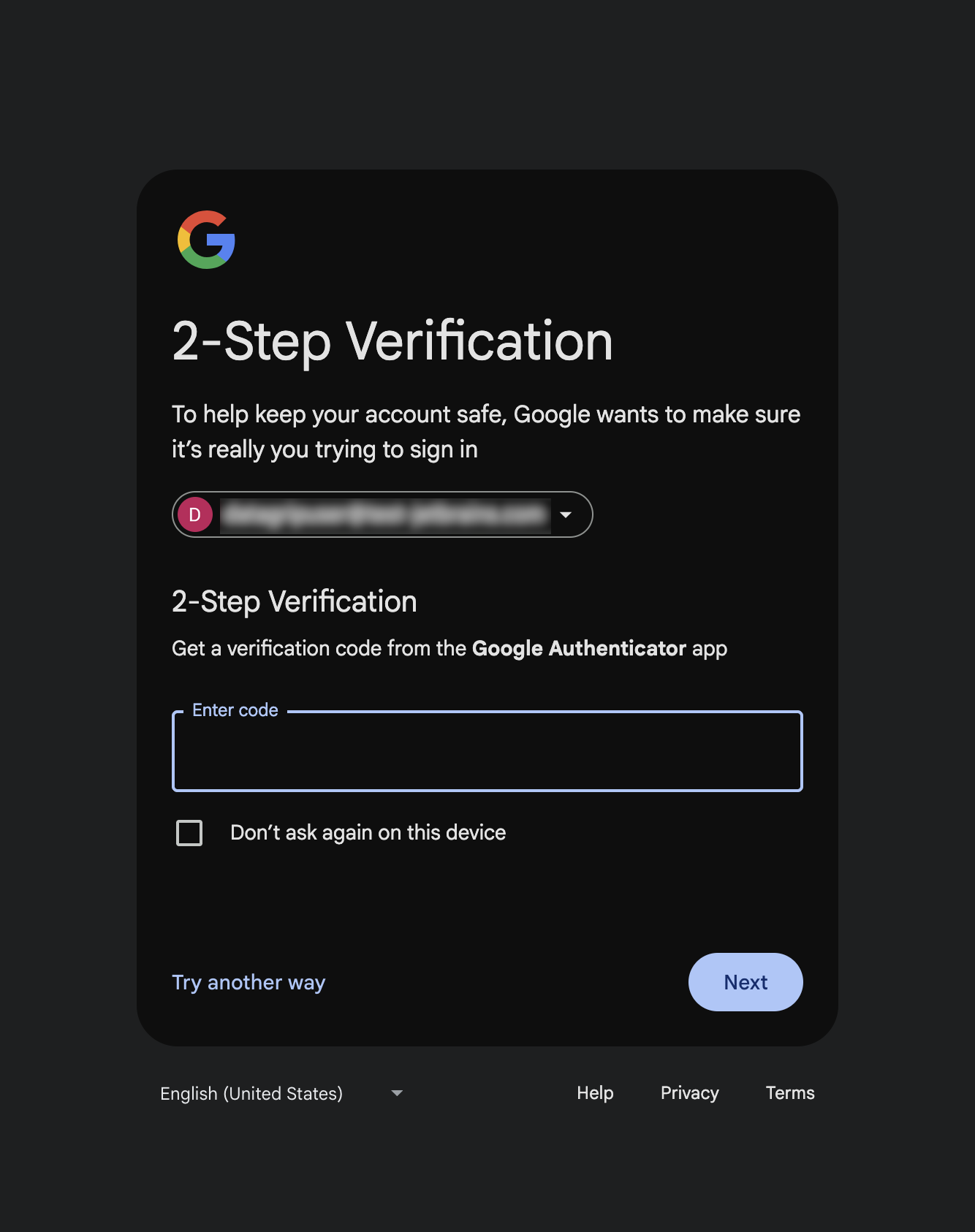 Verify your identity using Google Authenticator Verify your identity using Google Authenticator
