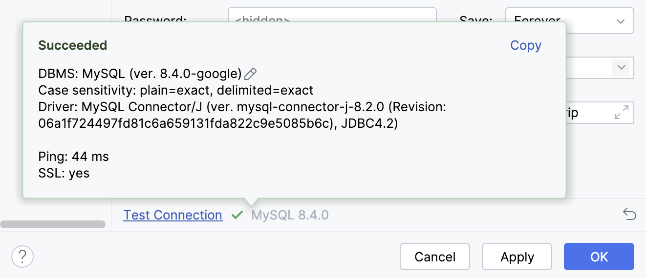 Successful connection to the database