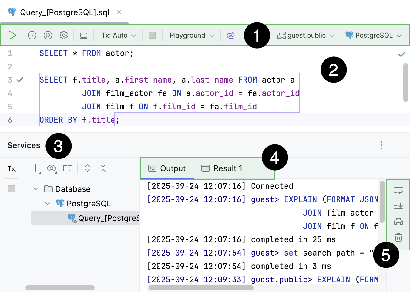 Query console with an active Output tab of Services tool window