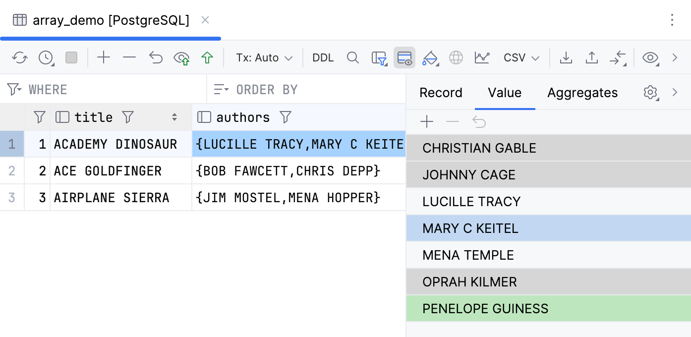 Highlighted changes made to an array in the Value editor Highlighted changes made to an array in the Value editor