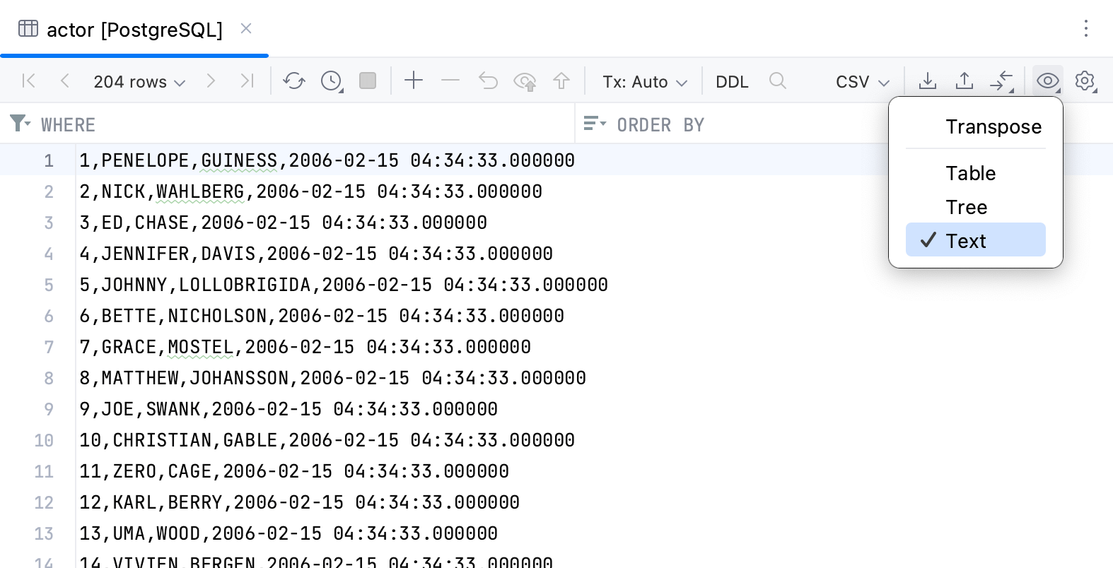 The transposed table viewing mode The transposed table viewing mode