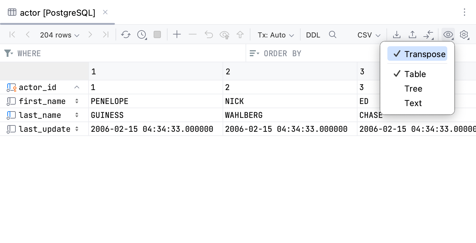 The transposed table viewing mode The transposed table viewing mode