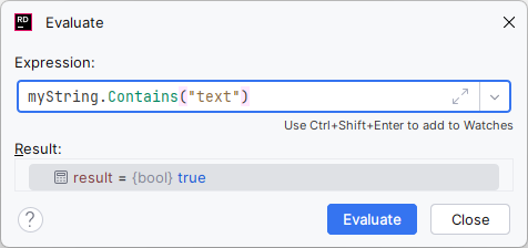 JetBrains&nbsp;Rider: Evaluate Expression dialog