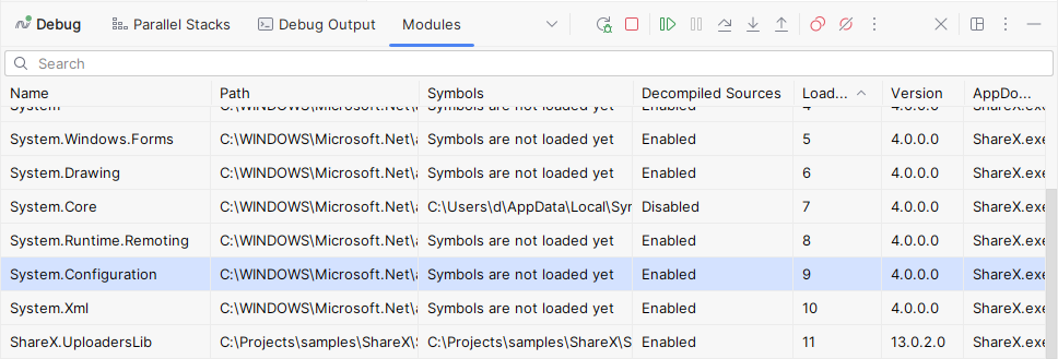 JetBrains&nbsp;Rider: Modules view in the Debug window