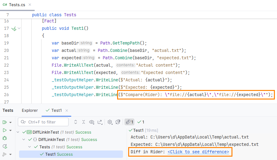 JetBrains&nbsp;Rider: Link to file diff from the test output