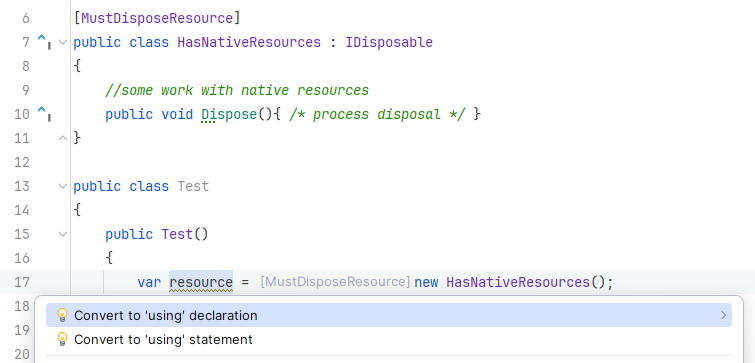 JetBrains&nbsp;Rider: Dispose analysis. Enforce 'using' directive