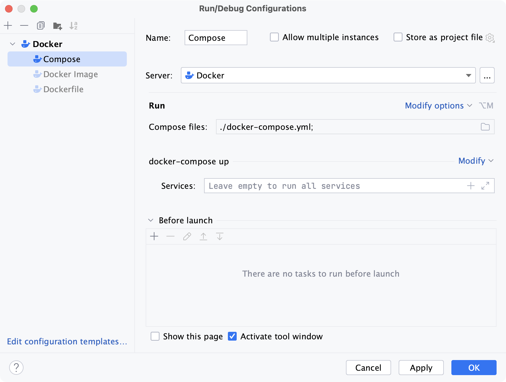 Docker Compose run configuration dialog Docker Compose run configuration dialog