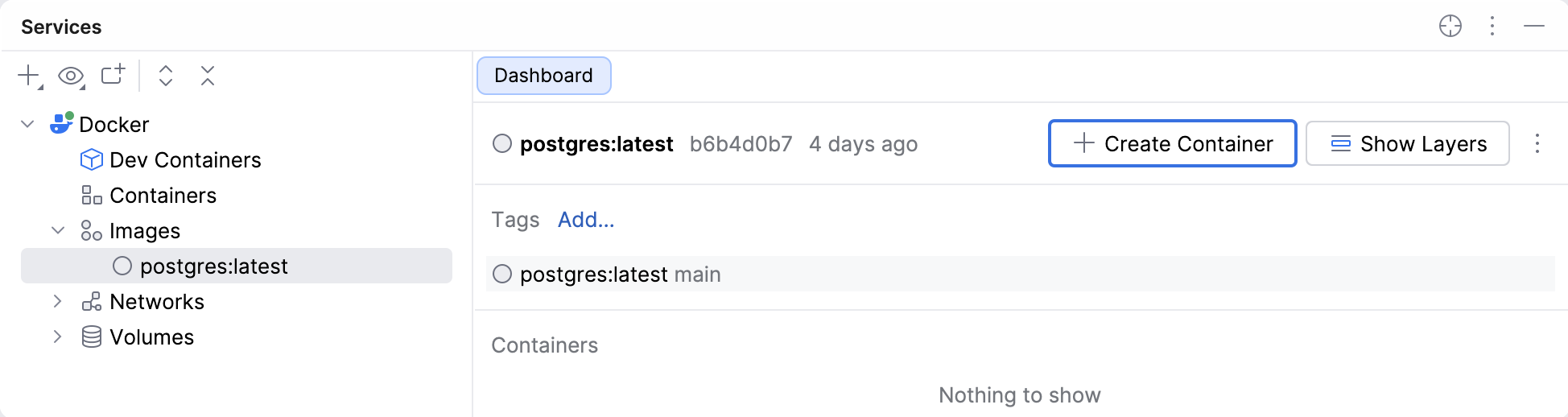 Select the PostgreSQL image and click Create Container