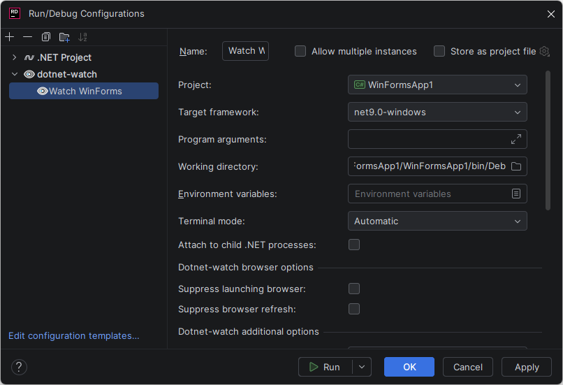 JetBrains Rider: .NET Watch run configuration JetBrains Rider: .NET Watch run configuration