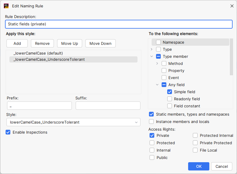 JetBrains&nbsp;Rider: Add/Edit Naming Rule dialog