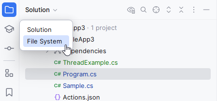 JetBrains Rider: choosing a view in the Solution Explorer JetBrains Rider: choosing a view in the Solution Explorer