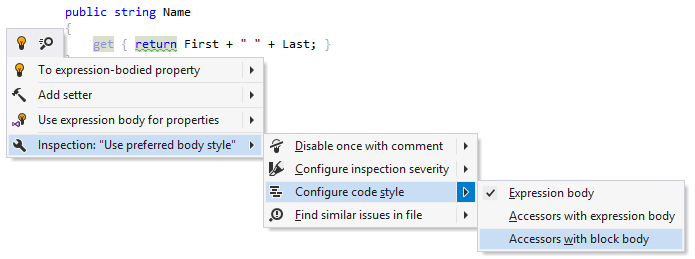 JetBrains Rider: Changing code style preference for member body JetBrains Rider: Changing code style preference for member body