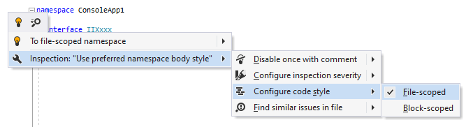 JetBrains&nbsp;Rider: Changing code style preference for namespace body