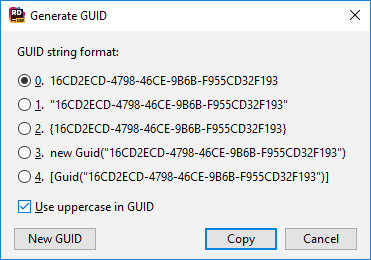 JetBrains&nbsp;Rider: 'Generate GUID' dialog