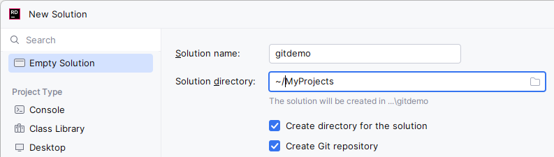 New Solution dialog