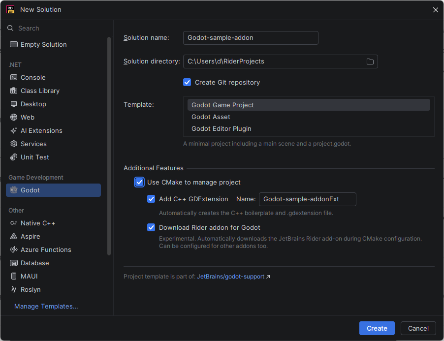 JetBrains Rider: New Solution dialog with Godot project settings JetBrains Rider: New Solution dialog with Godot project settings