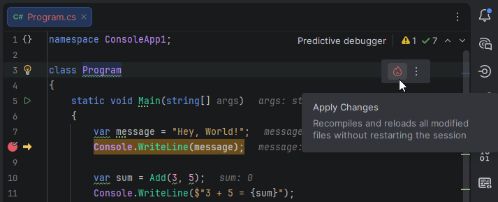 JetBrains&nbsp;Rider: Apply Hot Reload changes