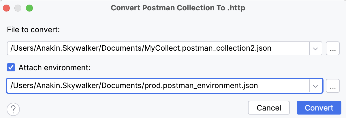 Import from Postman window Import from Postman window