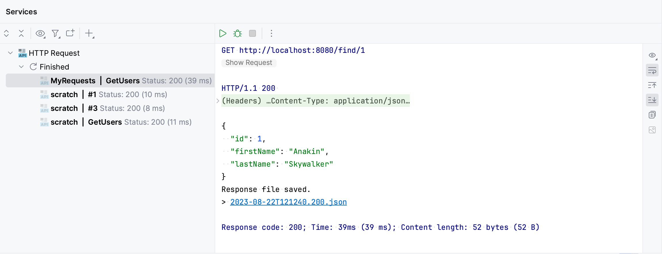 HTTP response in the Services tool window HTTP response in the Services tool window