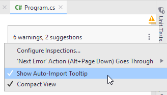 JetBrains&nbsp;Rider: Choosing import popup mode from the context menu of the file status indicator