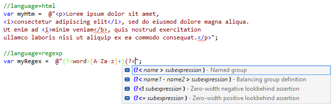 JetBrains&nbsp;Rider: Language injections in C# strings with comments