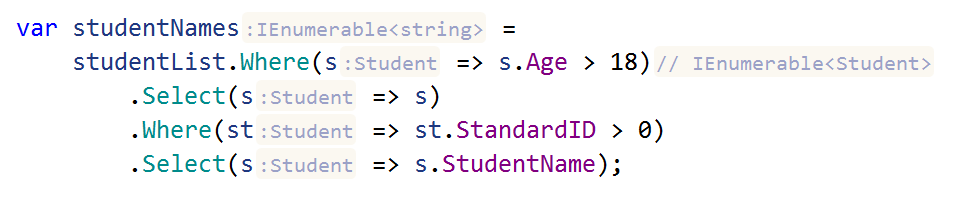 JetBrains&nbsp;Rider: Inlay hints in LINQ expressions