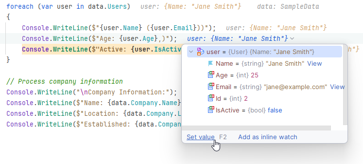 JetBrains&nbsp;Rider debugger: Edit values inline