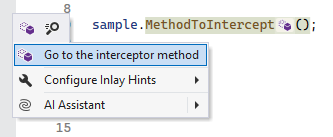 JetBrains&nbsp;Rider: Inlay hint and navigation action for an intercepted method